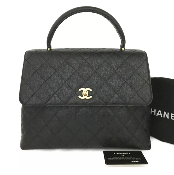 CHANEL Quilted Matelasse CC Logo Grained Calfskin Hand Bag Black - Picture 1 of 12